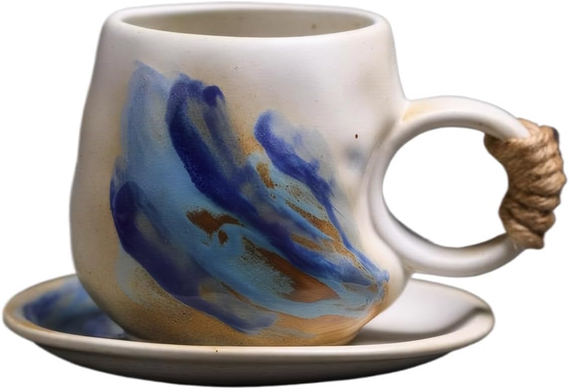 10oz Unique Vintage Retro Japanese Handmade Ceramic Cappuccino Barista Cup with Saucer – Artisanal Stoneware Coffee Mug, Lead-Free Latte Art Mug (1, White)