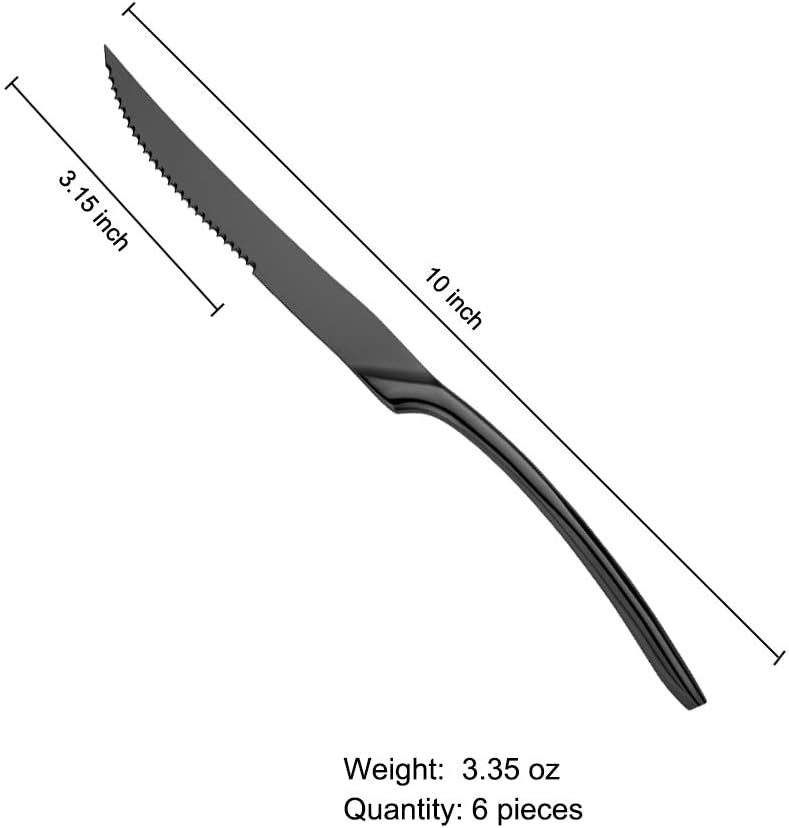 Lemeya Stainless Steel Black Steak Knives Set of 6,Forge Steak Knife,Serrated Steak Knives Set,6 Piece Heavy Steak Knives-10 inch,Mirror Polished,Dishwasher Safe