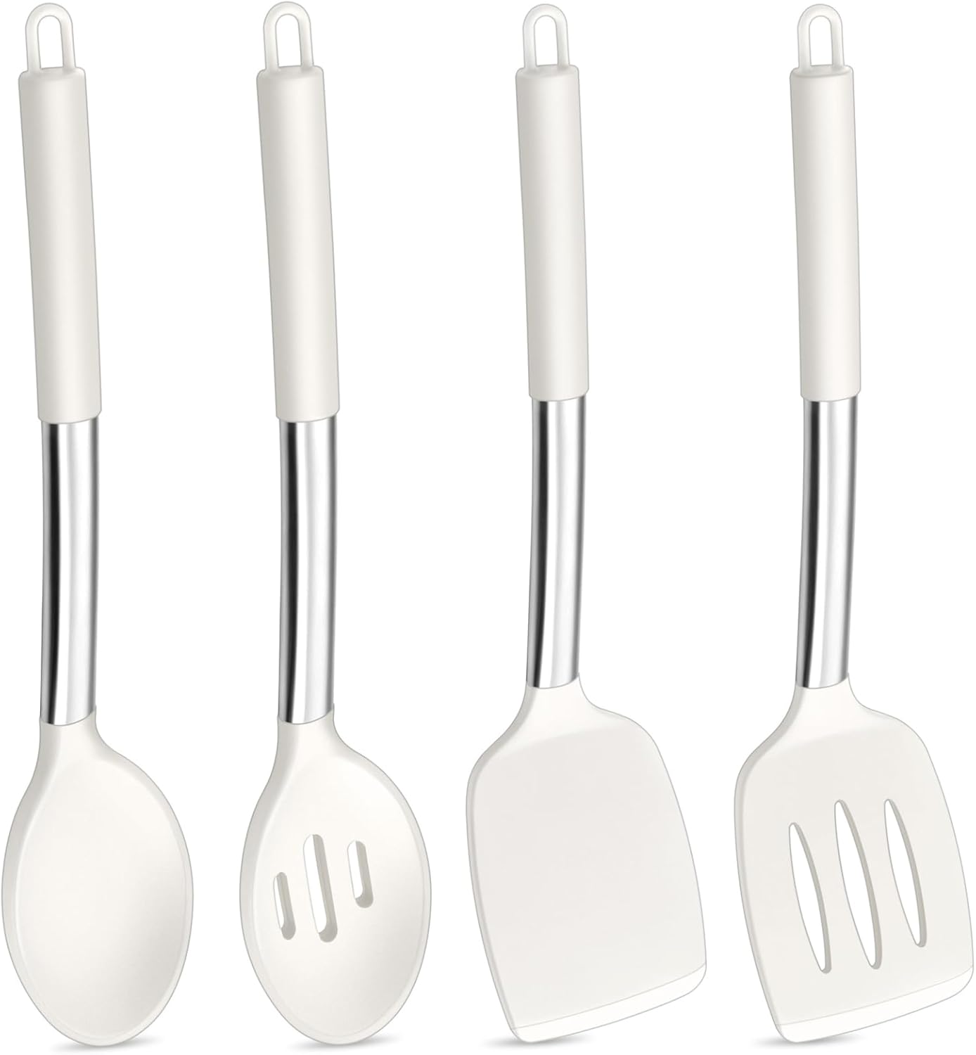 P&P CHEF White Kitchen Cooking Utensil Set of 4, Silicone Solid Spatulas Slotted Spoons Turners for Non-stick Cookware Flipping Mixing, Heat-proof