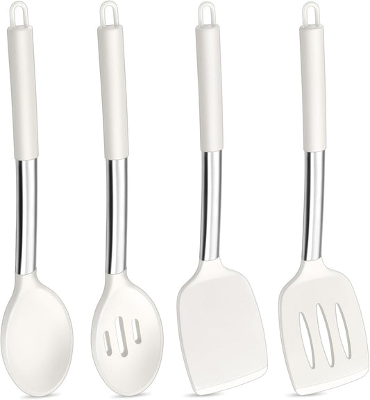 P&P CHEF White Kitchen Cooking Utensil Set of 4, Silicone Solid Spatulas Slotted Spoons Turners for Non-stick Cookware Flipping Mixing, Heat-proof
