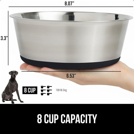 GORILLA GRIP Set of 2 Dog Bowls, Holds 8 Cups (64 fl oz), Heavy Duty Metal Food and Water Bowl for Feeding Dogs and Cats, Dishwasher Safe, Rust Resistant Stainless Steel, BPA Free Rubber Base, Black