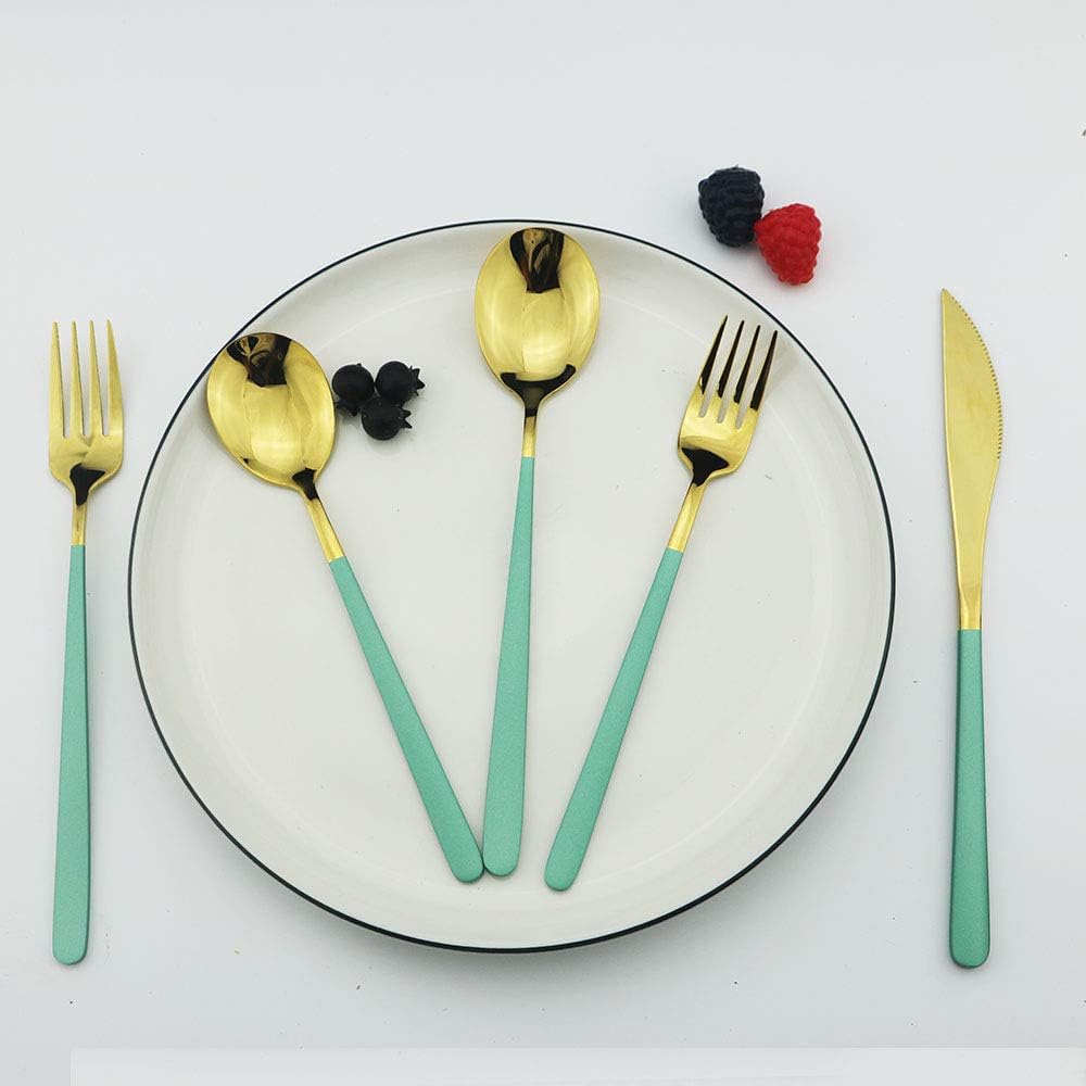 JASHII Flatware Set SUS304 Stainless Steel Silverware Set 20-Piece Cutlery Set, Smooth Surface and Mirror Polish, Fit for Kitchen Hotel Restaurant Tableware Set.(Green gold)