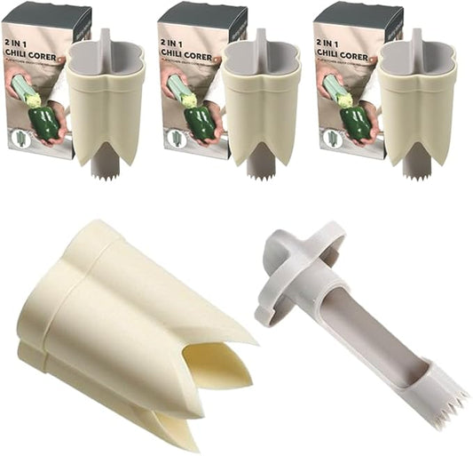 Pepper Corer, 2 in 1 Red Bell Pepper Seed Corer Remover Tool, Fruit & Vegetable Corers Quick Cave Tools for Jalapeno Cutter Deseeder, Off White, 3 P