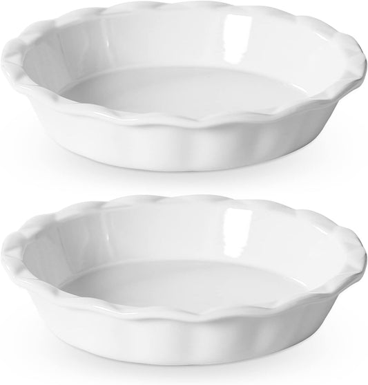Lareina Ceramic Pie Pans for Baking, 9 Inch Deep dish pie plates with Ruffled Edge for Apple Pie, Durable Pie Dish, Non-Stick, Oven & Dishwasher Safe, Set of 2, White