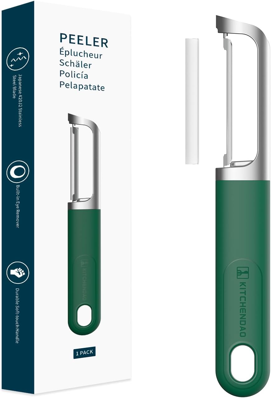 KITCHENDAO Swivel Vegetable Potato Peeler for Kitchen, Japanese Stainless Steel Sharp Blade, Heavy Duty Die-cast Construction, Built-in Eye Remover, Soft-touch Handle, Dishwasher Safe, Green