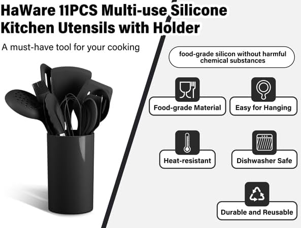 HaWare 11 PCS Silicone Cooking Utensils Set, Heat Resistant Kitchen Utensils with Holder, Food-grade Spatula Sets for Nonstick Cookware, Kitchen Tools Gadgets Include Fish Turner, Spoon (Black)
