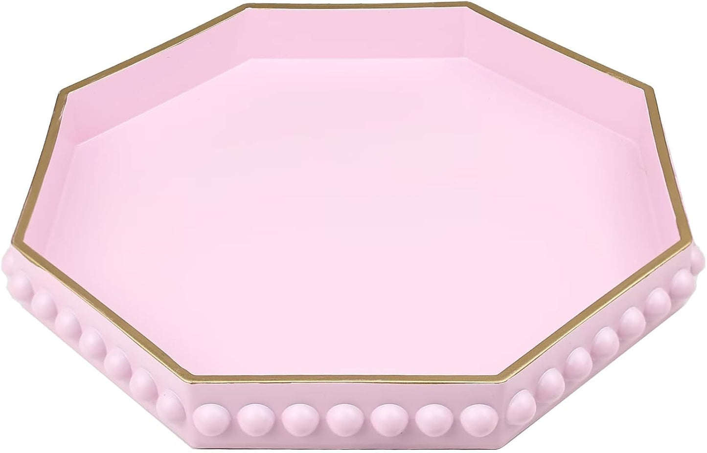 Pink Serving Tray for Coffee Table, Octagonal Beaded Plastic Decorative Tray for Ottoman, Kitchen Counter, Living Room, Outdoor Lacquer Tray for Entertaining