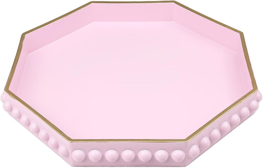Pink Serving Tray for Coffee Table, Octagonal Beaded Plastic Decorative Tray for Ottoman, Kitchen Counter, Living Room, Outdoor Lacquer Tray for Entertaining