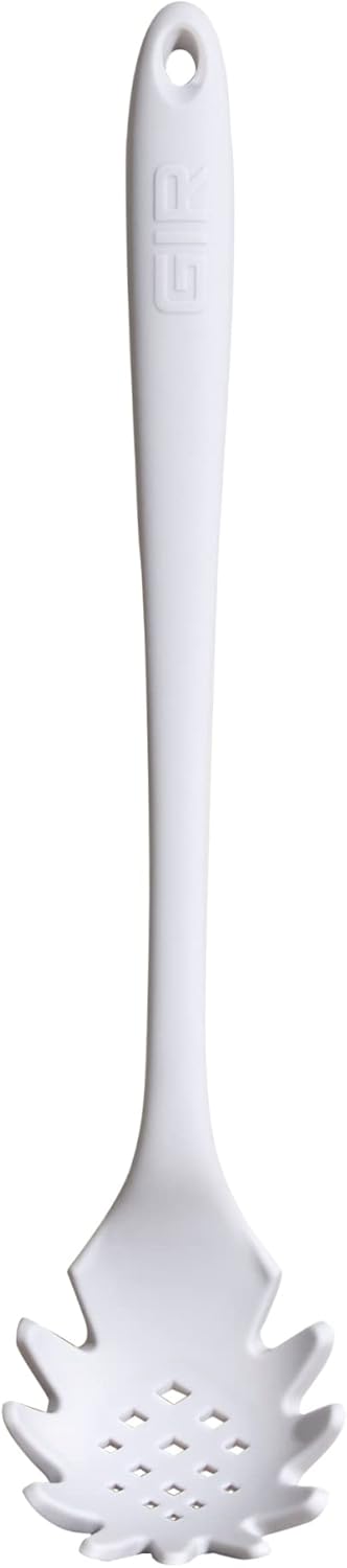GIR: Get It Right Silicone Spoon, High Heat Resistant Kitchen Tool - Non toxic cooking utensils for Nonstick Cookware, Cooking, Strainer, and Serving, Spaghetti - 13 IN, Studio White