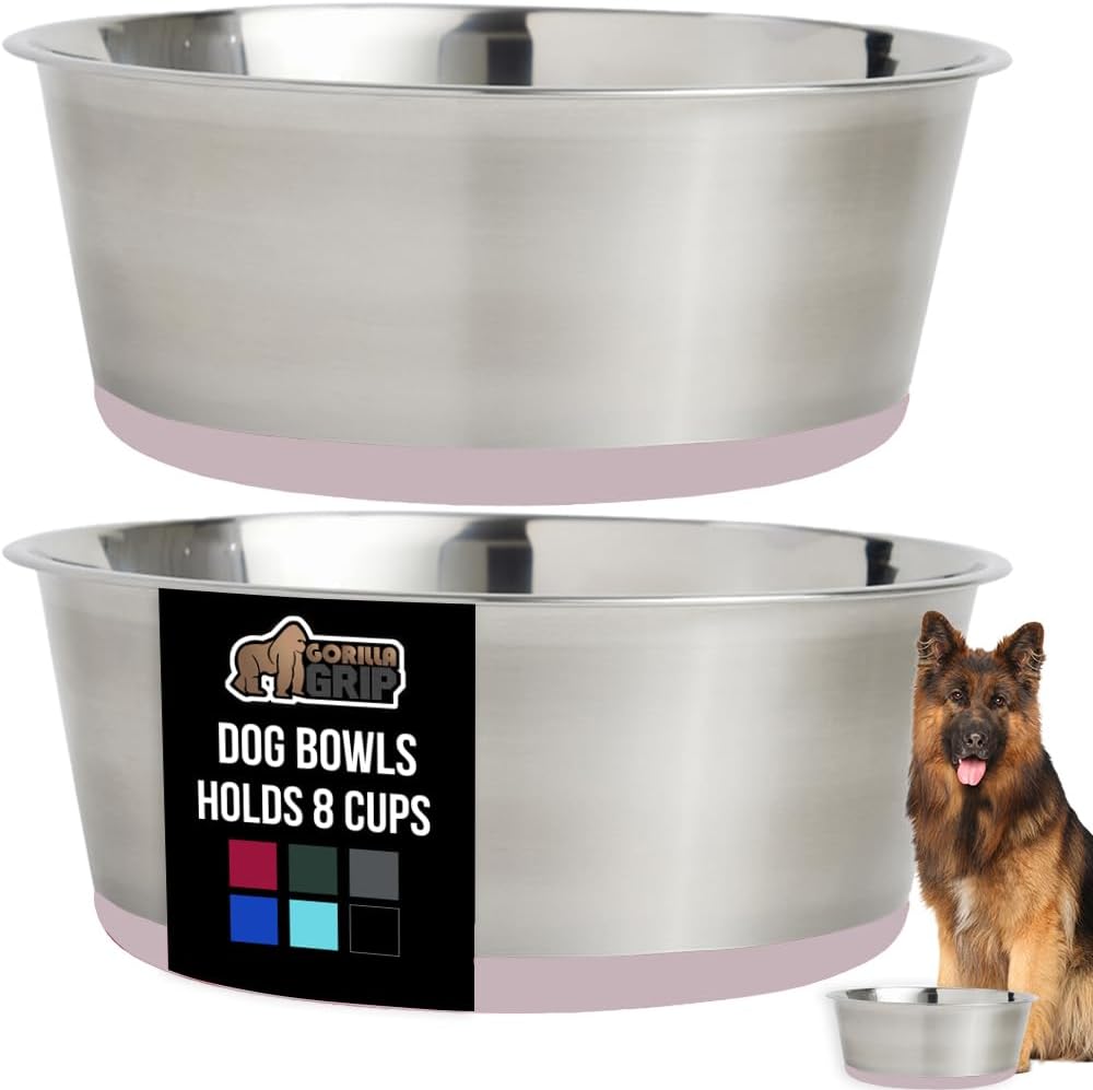 GORILLA GRIP Set of 2 Dog Bowls, Holds 8 Cups (64 fl oz), Heavy Duty Metal Food and Water Bowl for Feeding Dogs and Cats, Dishwasher Safe, Rust Resistant Stainless Steel, BPA Free Rubber Base, Lt Pink