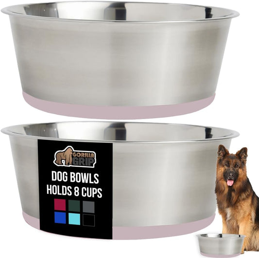 GORILLA GRIP Set of 2 Dog Bowls, Holds 8 Cups (64 fl oz), Heavy Duty Metal Food and Water Bowl for Feeding Dogs and Cats, Dishwasher Safe, Rust Resistant Stainless Steel, BPA Free Rubber Base, Lt Pink