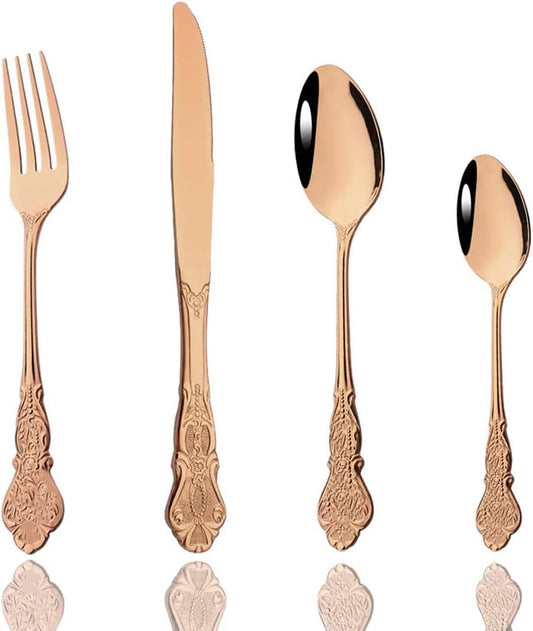 JASHII 4-Piece Silverware Set, Stainless Steel Flatware Cutlery Eating Utensils Service for 1, Unique Elegant Pattern, Mirror Polished, Dishwasher Safe (Rose gold)