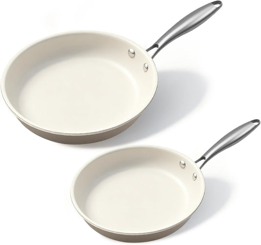 8.5 Inch and 10.25 inch Ceramic Nonstick Frying Pan Skillet - PFAS-Free, Non-Toxic, Oven Safe & Induction Ready, Aluminum Cookware with Stainless Steel Handle