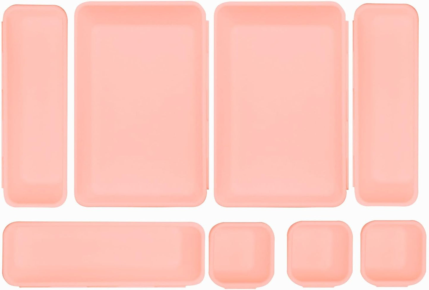 8 Pcs Desk Drawer Organizers, 3 Size Plastic Vanity and Bathroom Drawer Organizer Trays, Storage Bins for Makeup, Utensils, Jewelries, Office and Kitchen (Pink)