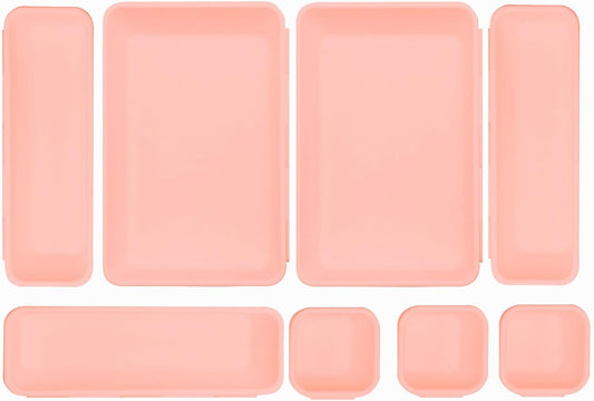 8 Pcs Desk Drawer Organizers, 3 Size Plastic Vanity and Bathroom Drawer Organizer Trays, Storage Bins for Makeup, Utensils, Jewelries, Office and Kitchen (Pink)