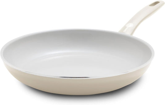 GreenPan Dover 10” Frying Pan Skillet, Non-Toxic PFAS-Free Ceramic Nonstick Coating, Sear Saute Fry Egg Omlete, Dishwasher & Oven Safe, Stay Cool Handle, Easy Pour Rims, Cream White