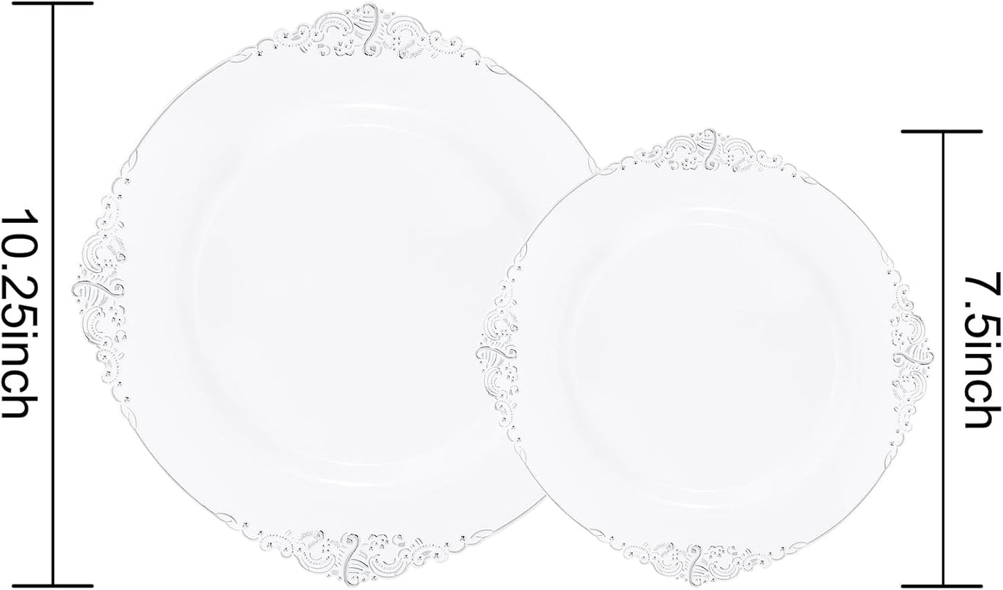 102PCS White and Silver Plastic Plates - Heavyweight Silver Plate - Wedding Plate with Silver Rim - Fancy Dinner & Dessert Plates for 51 Guests Weddings & Parties & Christmas