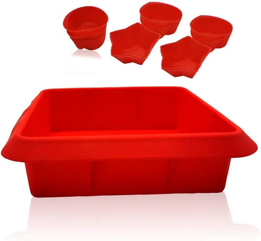 8X8inch Silicone Square Cake Baking Pan, Deep-Dish Roasting Lasagna, Silicone Baking Bakeware Brownie Pan +10 Pastry Muffin Molds Set of 11(Red)