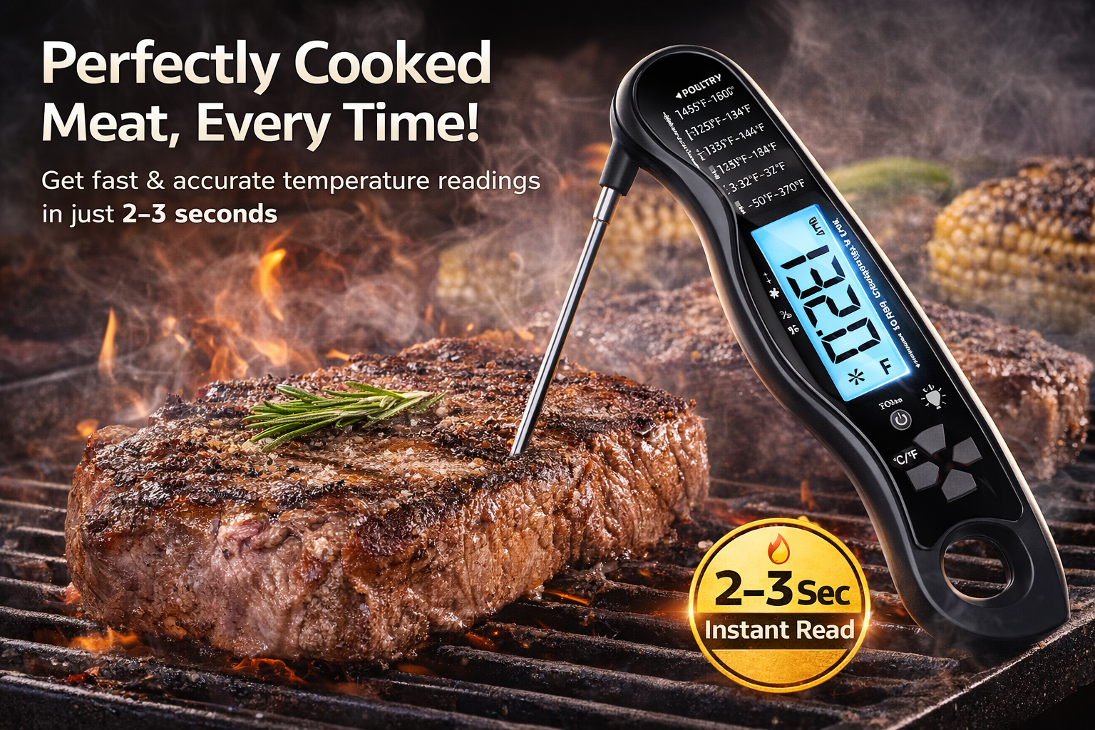 Digital meat thermometer inserted into a grilled steak on a barbecue, displaying temperature with backlit screen against a smoky grill background