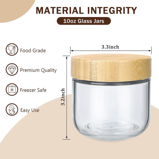 OcePor 4 Pack 10oz Glass Jars with Bamboo Lids, Over Night Oats Container with Airtight Lid, Glass Snack Storage Salad Jars For Food, Yogurt, Sugar and Flour,Coffee Bean, Cookie, Cereal