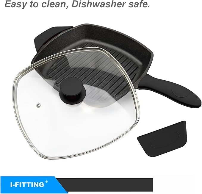Square Glass Lid for Grill Pans with Steam Vent Hole - Fits Lodge Cast Iron Skillets 10.5inch/26.67cm Silicone Potholder- Square Tempered Glass Lid - Universal Replacement Cover Silicone Knob