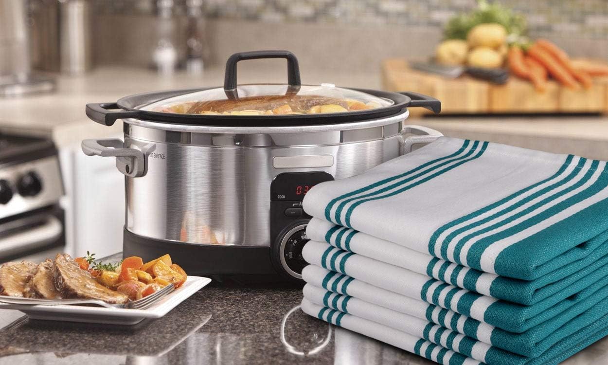 Urban Villa Kitchen Towels 100% Cotton Pack of 6, Highly Absorbent Quick Drying Super Soft Premium Dish Towels for Kitchen with Hanging Loop Hand & Tea Towels - 20x30 Inch, (Teal & White, Striped)