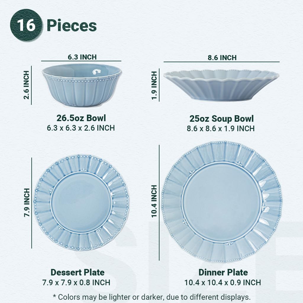 Dinnerware sets, 16 Piece plates and bowls sets for 4, Ceramic dish set, Porcelain dish set, Farmhouse premium kitchen decor, Microwavable safe, Celestial Blue