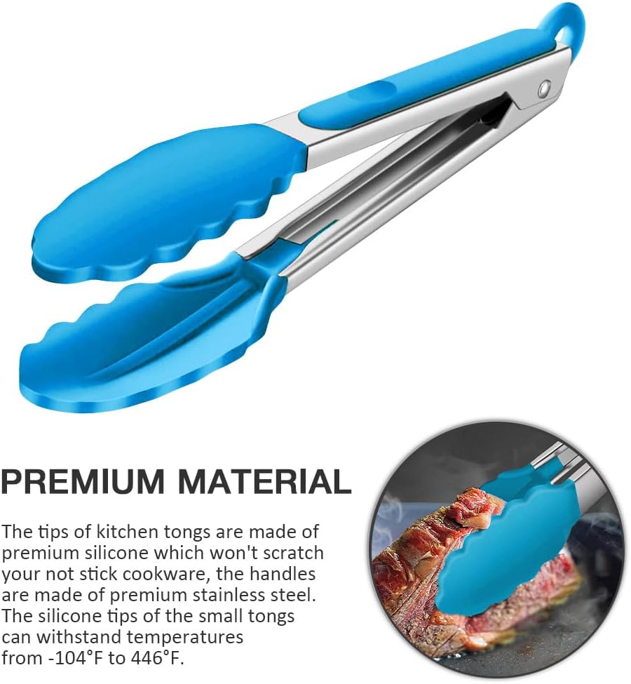 Small Serving Tongs Set of 3, Mini Tongs (7 inch) with Silicone Tips and Stainless Steel Handle, Great for Steaks, Salads, Vegetables(Blue)