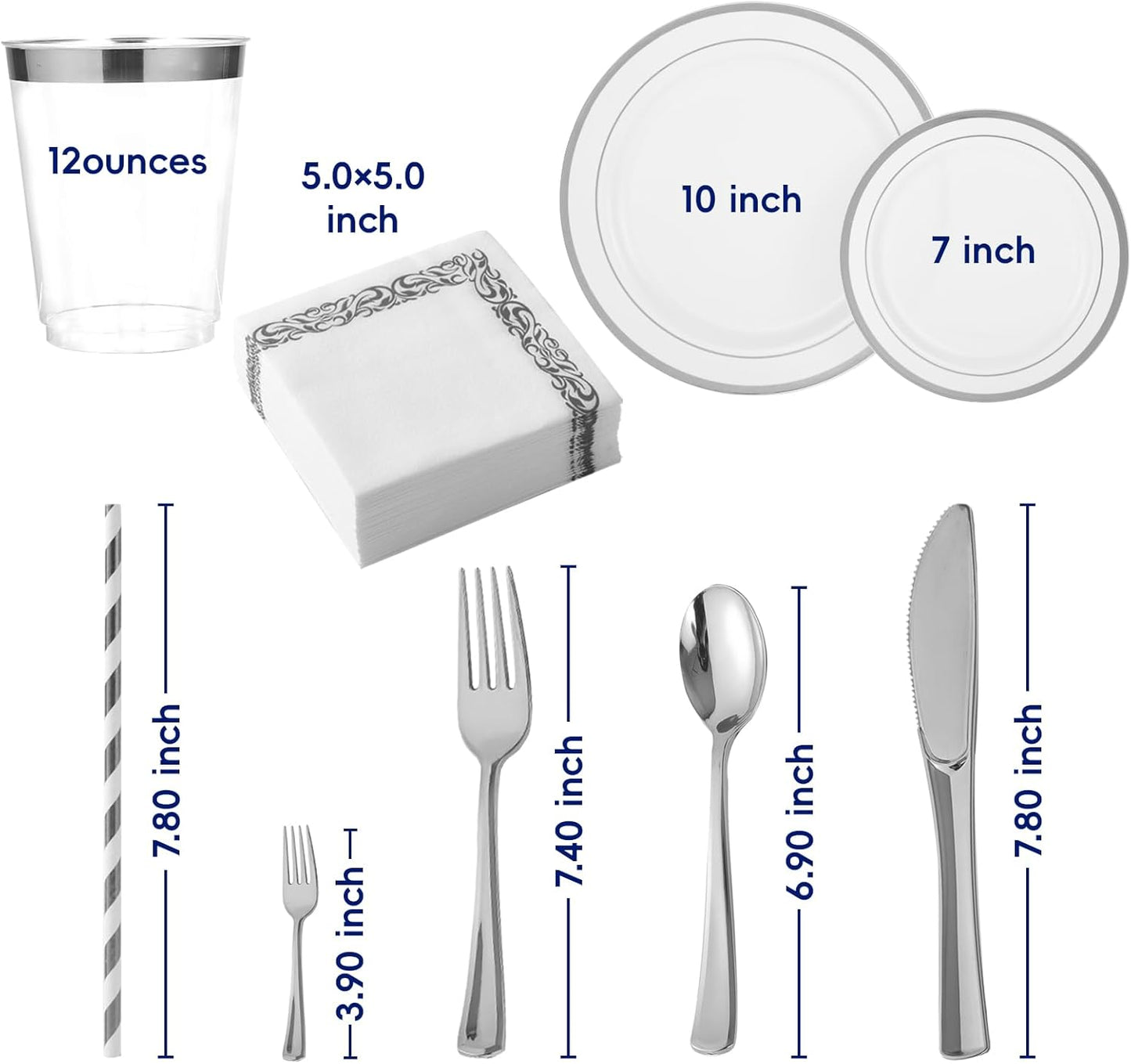 250 Count Silver Disposable Plastic Dinnerware Set, 50 Silver Plates, 25 Plastic Silverware, 25 Cups and Straws, 50 Napkins, Perfect for Wedding Party