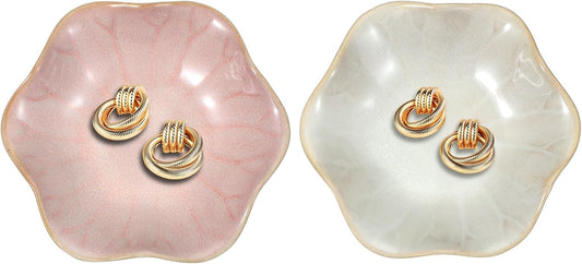 uxcell 2Pcs Ceramics Jewelry Plate, Lotus Leaf Shape Key Holder Bowl for Entryway Table Decor Small Ring Tray Dish Gift for Women Girlfriend, Pink/White