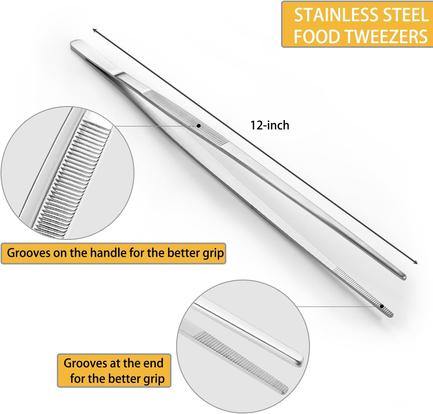 JETKONG 12 Inch Kitchen Tweezers Cooking Tweezer Tongs, Stainless Steel Food Tweezers Multi-function Precision Serrated Tips Kitchen Serving Tong