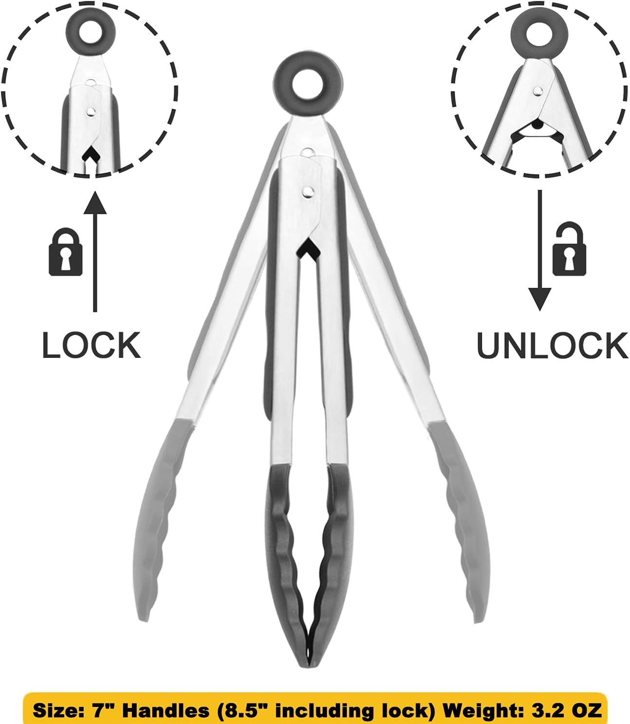 Mini Tongs with Silicone Tips 7-Inch Kitchen Tongs, Set of 3 (Black)