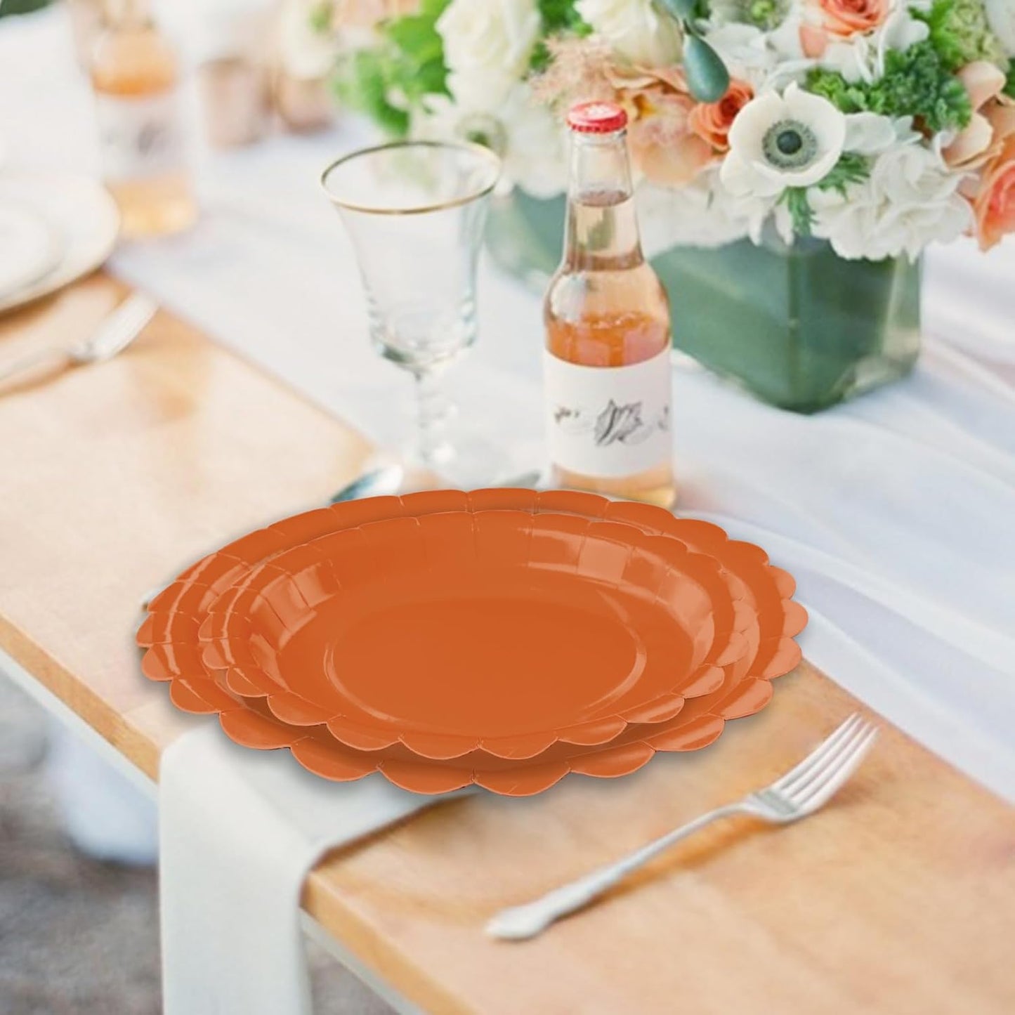50 Pcs Orange Scalloped Paper Plates 25 × 7'' and 25 × 9'' Disposable Orange Scalloped Dinner Plates for Wedding Baby Shower Birthday Thanksgiving Party Fall Dessert Plate