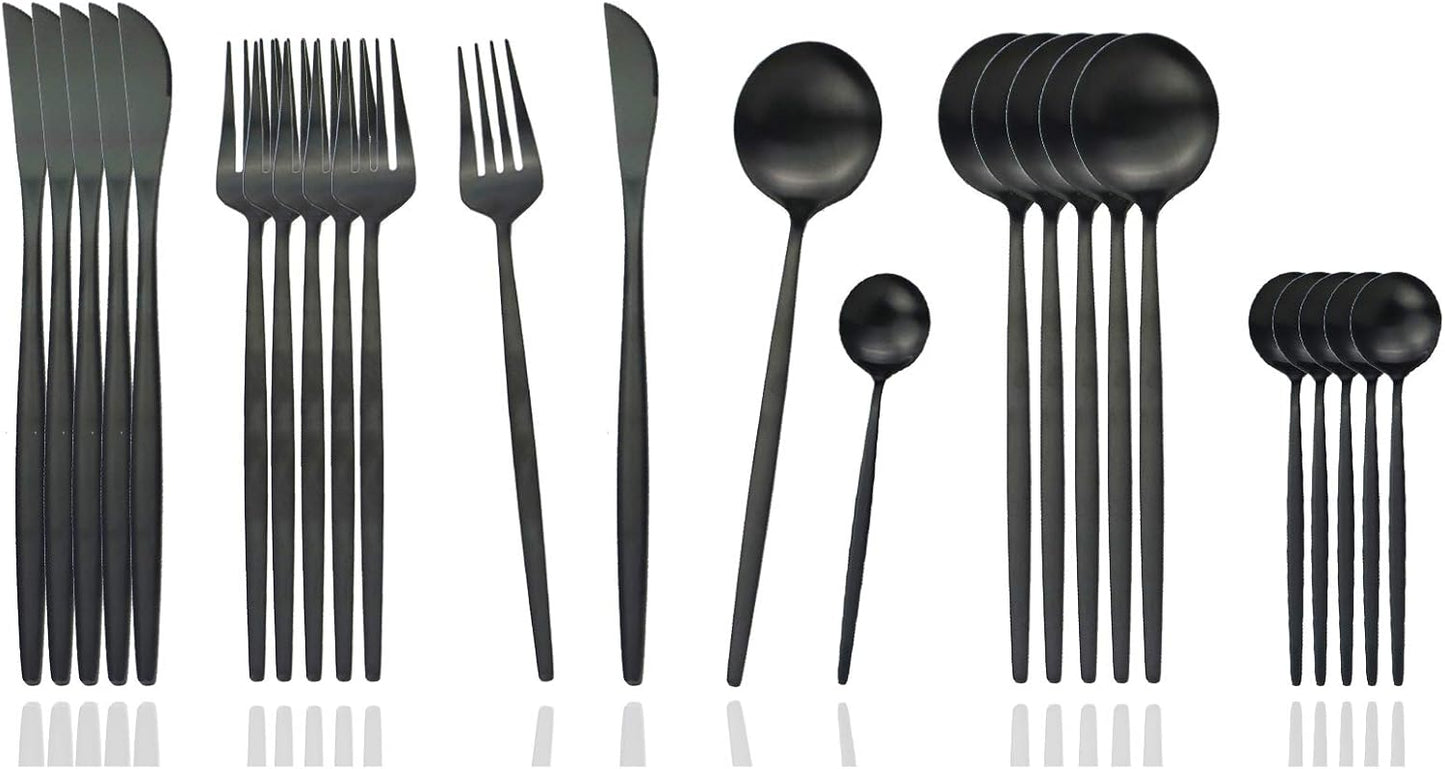 JASHII Silverware Set, 24-Piece Stainless Steel Flatware Set,Kitchen Utensil Set Service for 6,Tableware Cutlery Set for Home, Dishwasher Safe (Matte Black)
