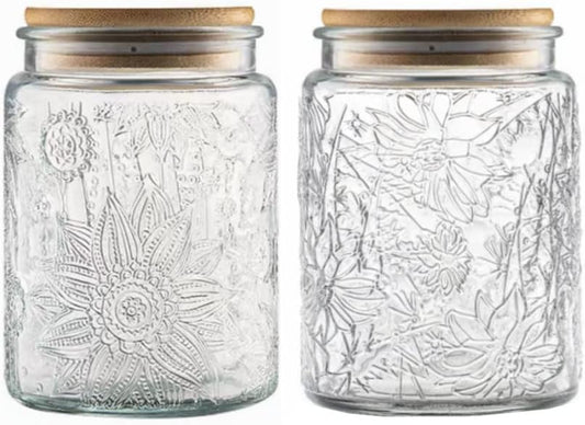 Airtight Glass Jar, Vintage Decorative Storage Jar with Bamboo Lid, Food Storage Containers for Candy Snack Cookies Coffee Tea Nuts,Kitchen Containers Cereal Canisters (Daisy & Sunflower)
