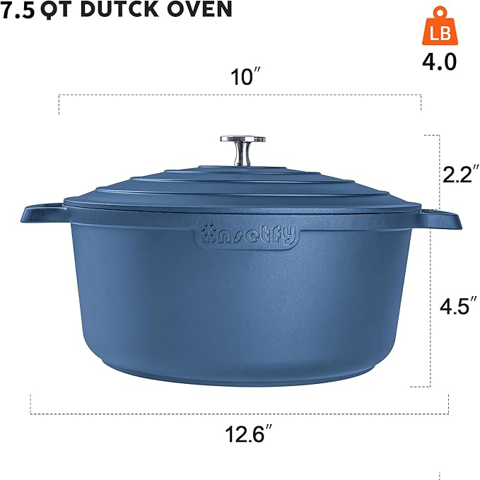 Large Dutch Oven Pot with Lid-7.5QT Cast Aluminum Oven Pot with Two Handles Lightweight for Bread Baking Braising and Roasting(Blue)
