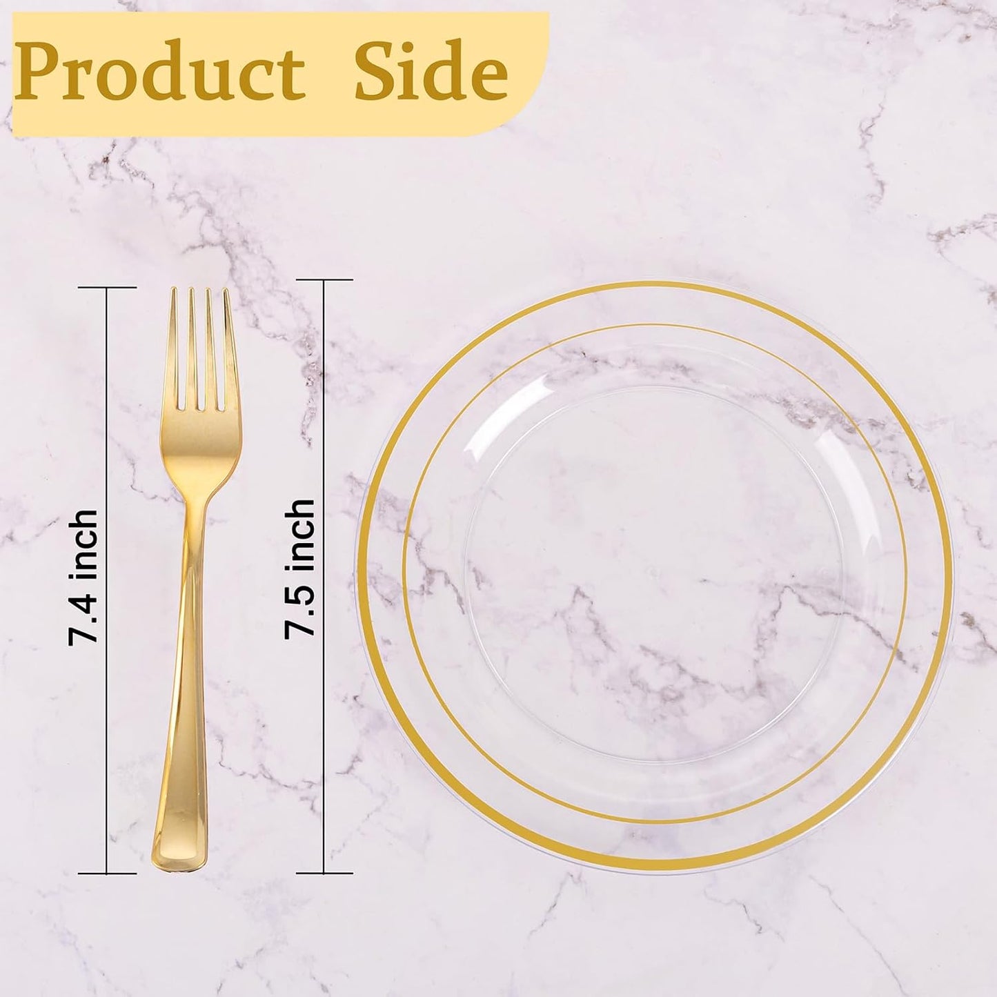 I00000 72 Pcs Clear Plastic Dessert Plates 7.5" & 72 Pcs Gold Disposable Forks 7.4", Clear Small Plates, Fancy Salad Plate,Gold Cake Plate for Party, Occasions, Wedding