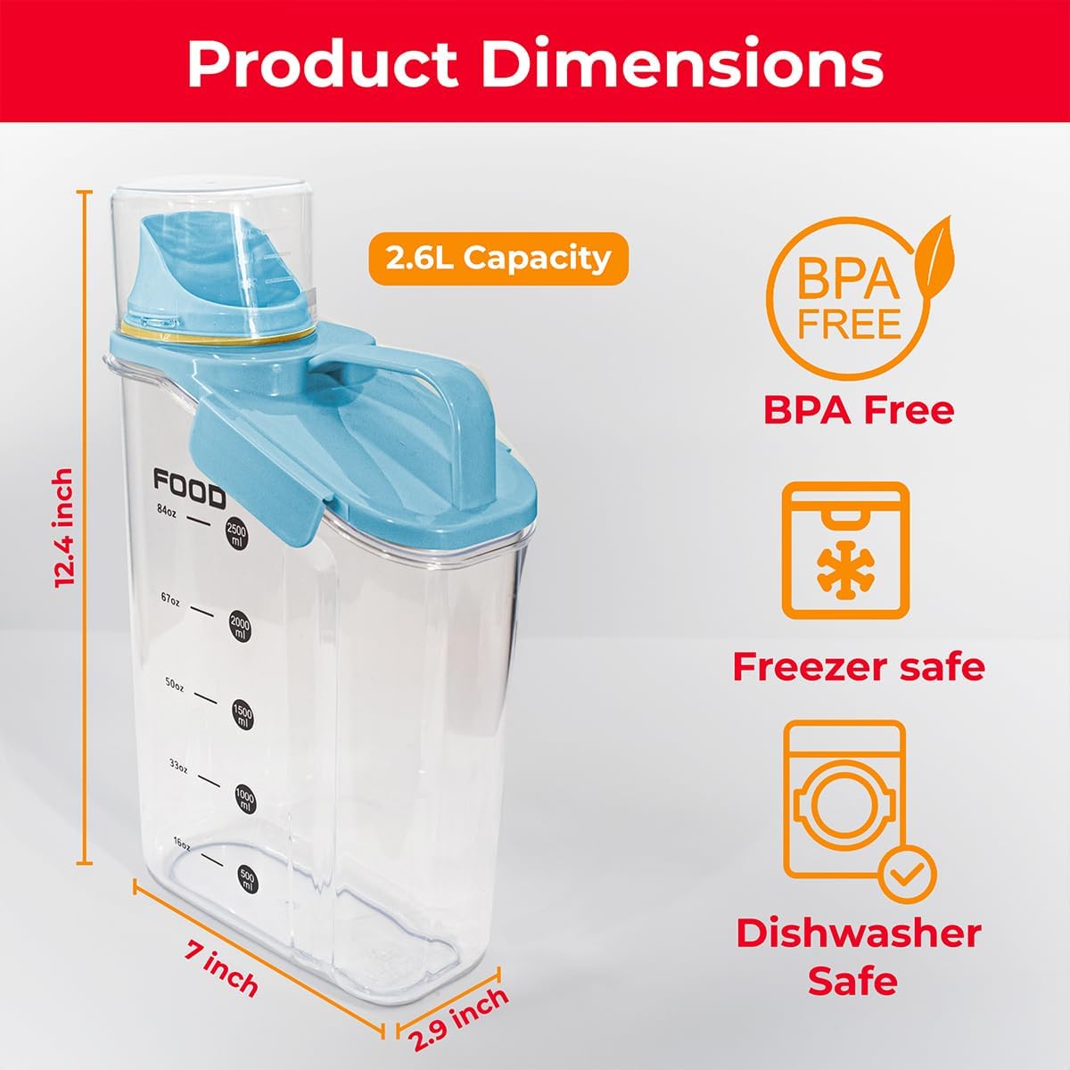 Two Pack Food & Cereal Storage Container - 2.6L Airtight Plastic Kitchen Organizer Bin with Pouring Spout, Measuring Cup Lid, Ideal for Dry Food, Rice, Sugar, Pet Food dispenser - BPA free (Blue)