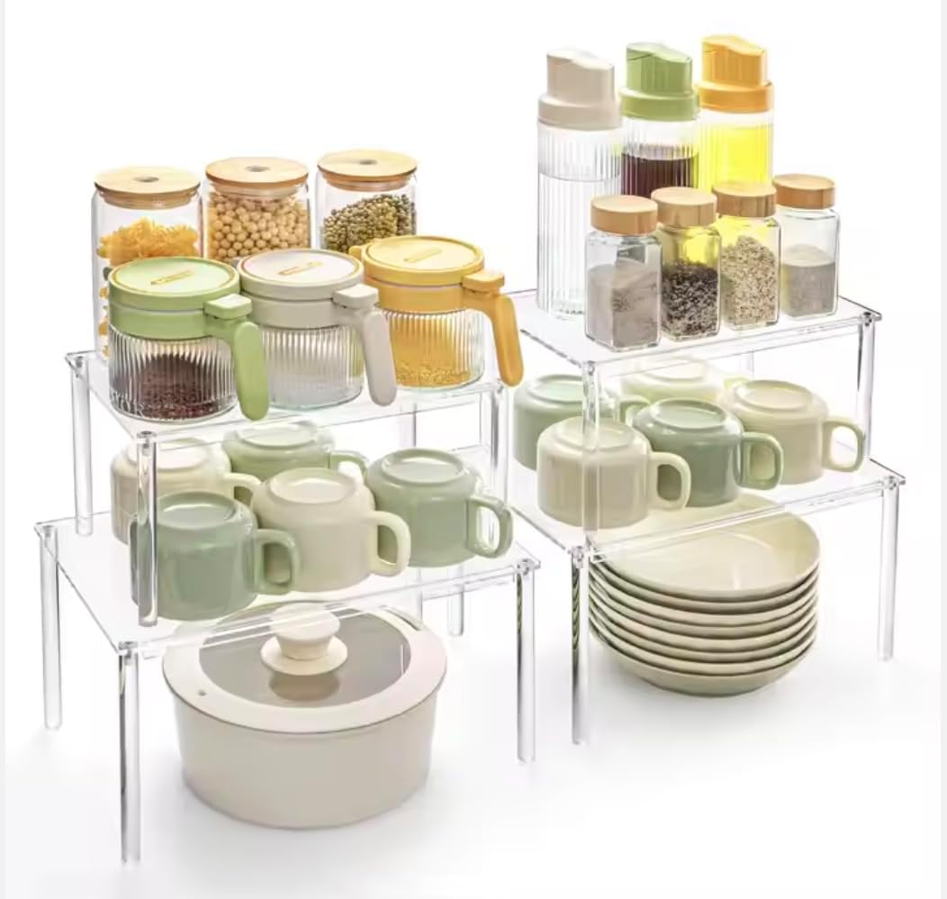 Acrylic Cabinet Shelf Organizer Set of 4 Spice Rack, Desk, Countertop Shelf, Bathroom, Pantry, Kitchen Storage, Refrigerator and Organization Stackable Shelves