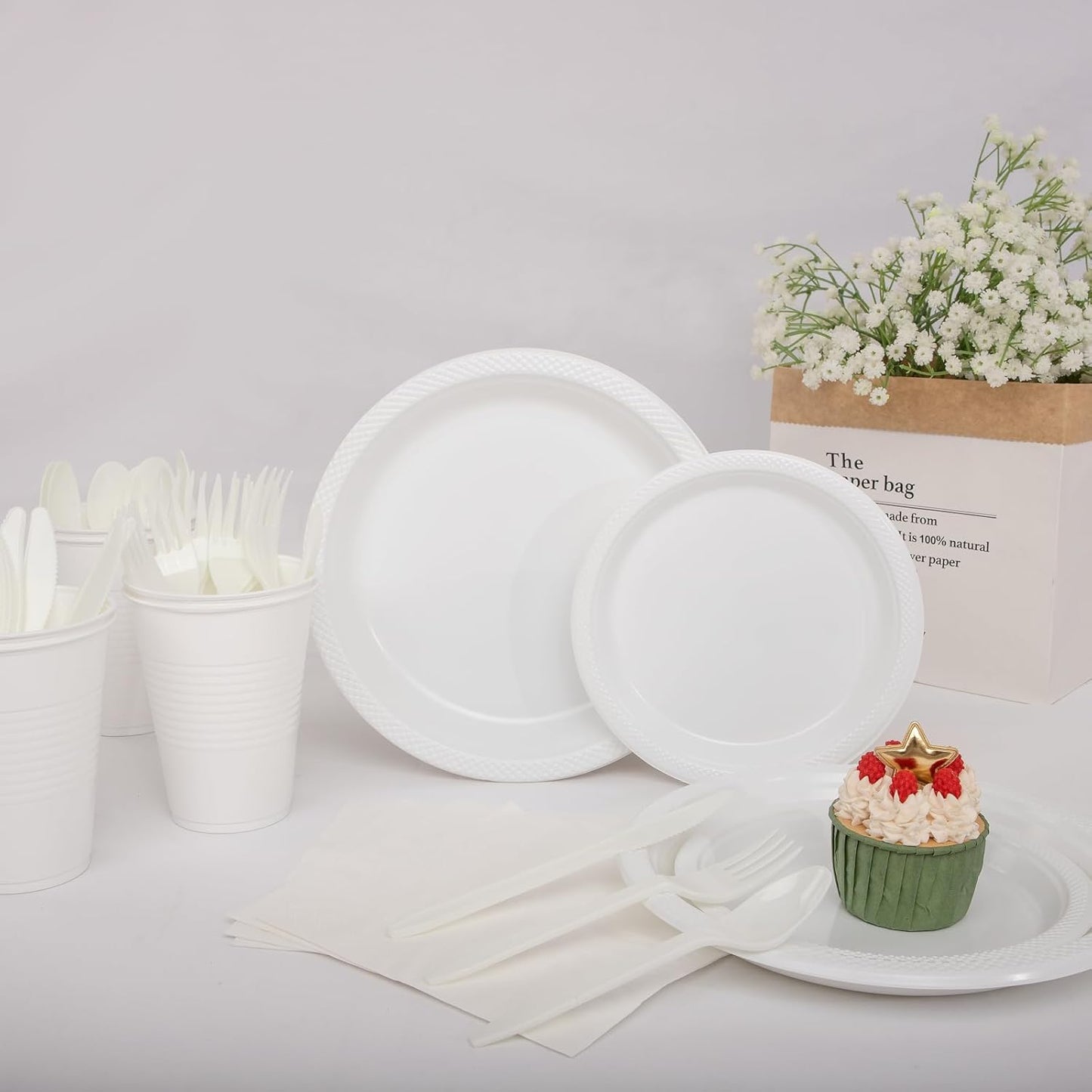 WELLIFE 210 Pieces White Party Supplies, White Plastic Dinnerware Set, Including Plates, 16OZ Cups, Plastic Cutlery and Paper Napkins Serve 30 Guests for Party