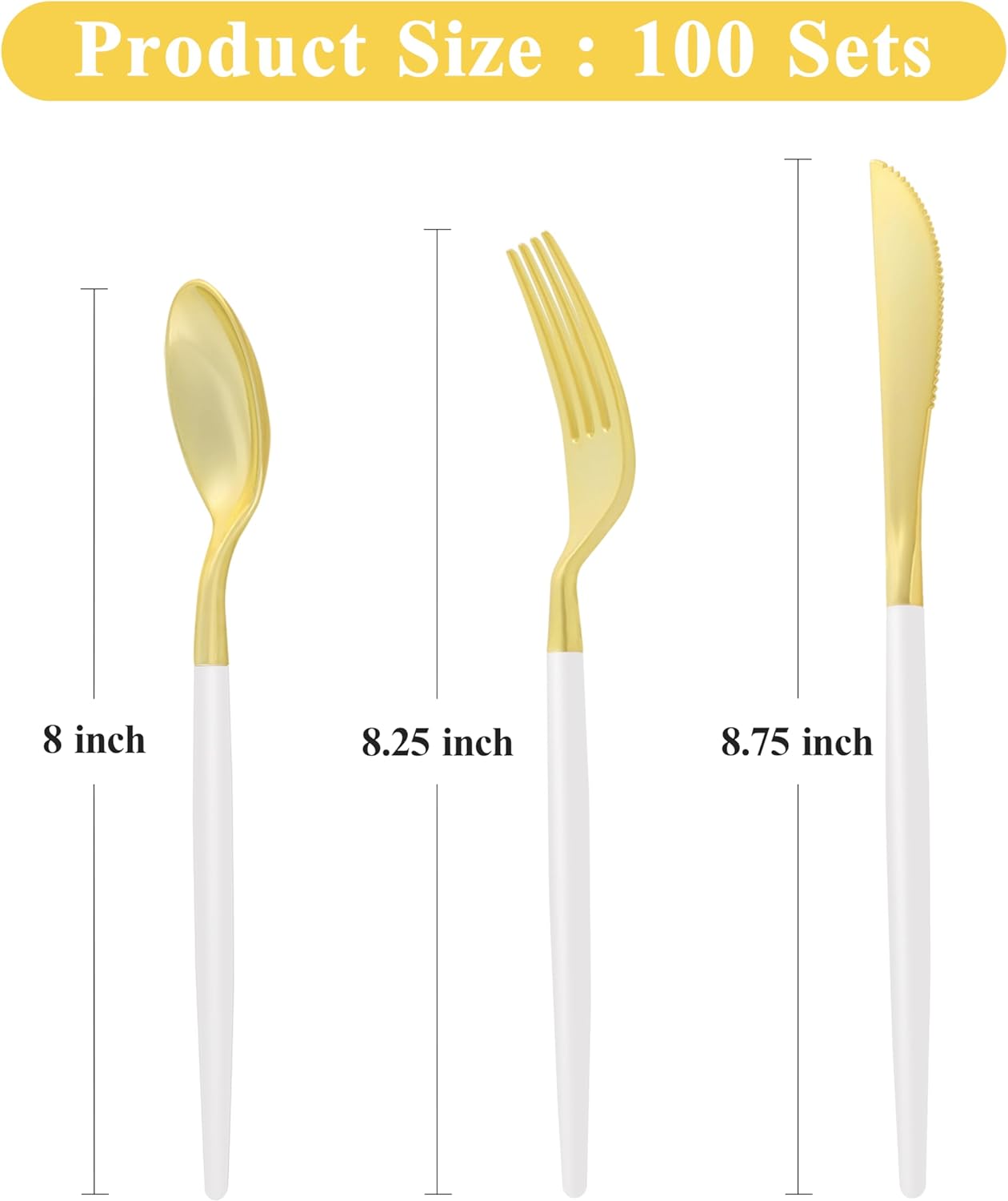 300 PCS White Gold Plastic Utensils for 100 Guests, Gold Disposable Silverware with 100 Knives, 100 Spoons and 100 Forks, BPA Free, Ideal for Weddings, Birthdays & Party