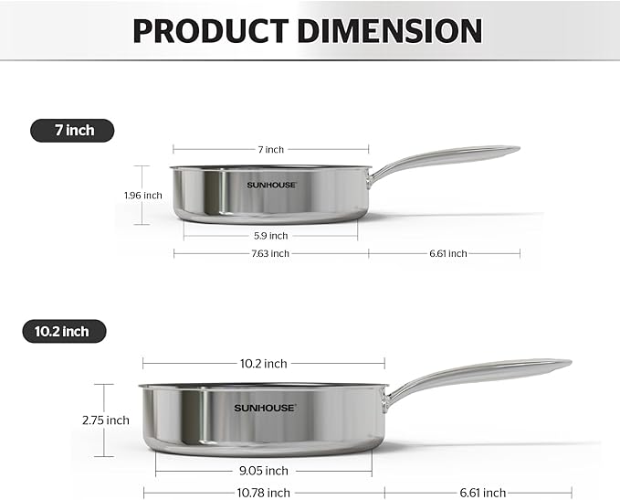 Sunhouse Titanium-Coated Tri-Ply Stainless Steel Pan, 10 inch frying pan, Non-Toxic, PFAS PFOA & PTFE Free, Oven Safe, Compatible with All Cooktops, Perfect Gifts for Mom or Dad, Premium gift box