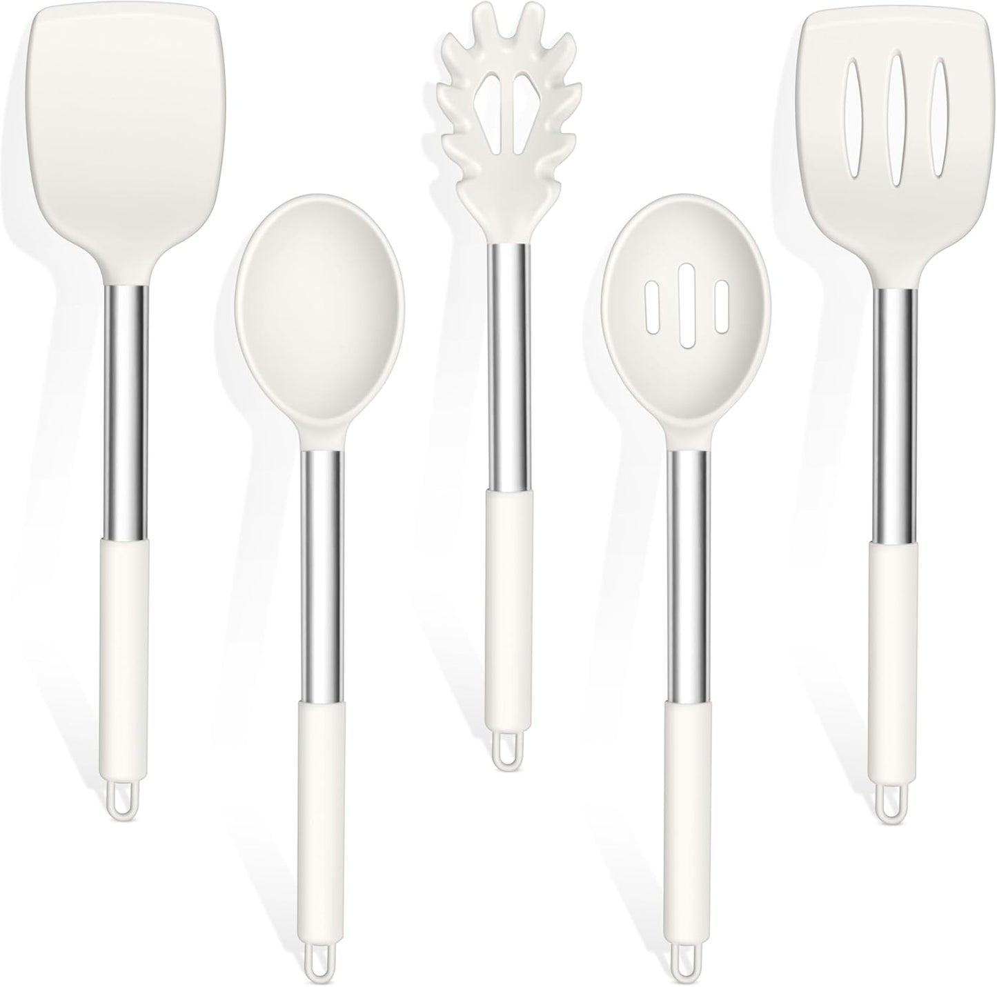 TeamFar Cooking Utensils Set, 5 Pcs Silicone Kitchen Utensils with Stainless Steel Handle, for Nonstick Cookware Flipping Frying Turning Draining, Heatproof & Healthy, Healthy & Easy Clean, White