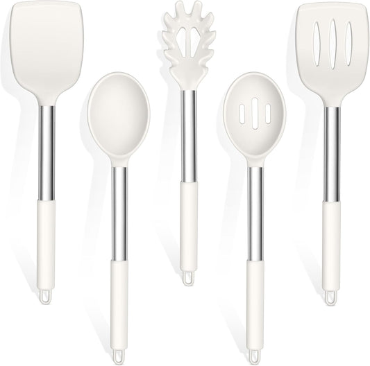 TeamFar Cooking Utensils Set, 5 Pcs Silicone Kitchen Utensils with Stainless Steel Handle, for Nonstick Cookware Flipping Frying Turning Draining, Heatproof & Healthy, Healthy & Easy Clean, White