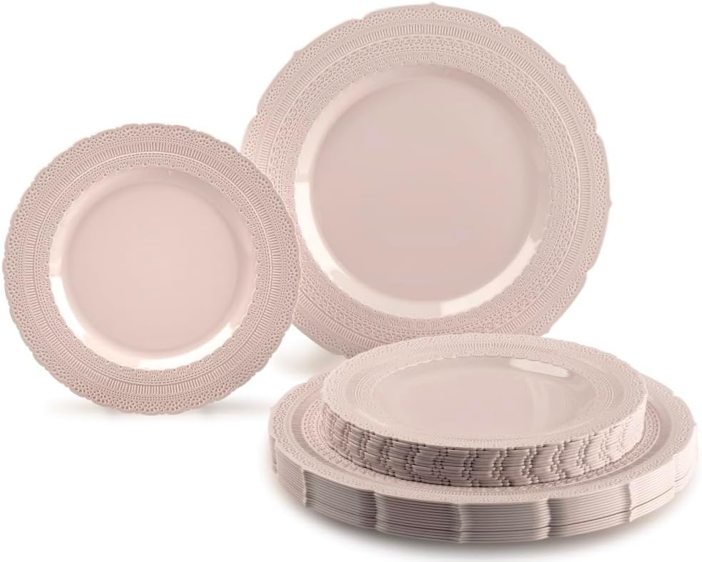 " OCCASIONS " 80 Plates Pack,(40 Guests) Extra Heavyweight Vintage Wedding Disposable/Reusable Plastic Plates 40x11'' Dinner+40 x 8.25'' Salad/Dessert Plate (Chateau Blush Pink)