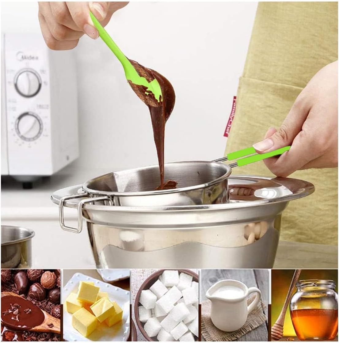 Stainless Steel Double Boiler Pot, 600ML Updated Melting Pot with Silicone Spatula for Melting Butter,Chocolate, Candy, Cheese and Caramel (green)
