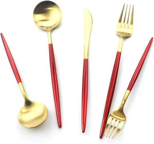 Gugrida 20 Pieces Matte Gold Red Handle 18/10 Stainless Steel Silverware, Flatware Titanium Black Cutlery, Utensils for Home Restaurant Service for 4, Dishwasher Safe (Red Gold)