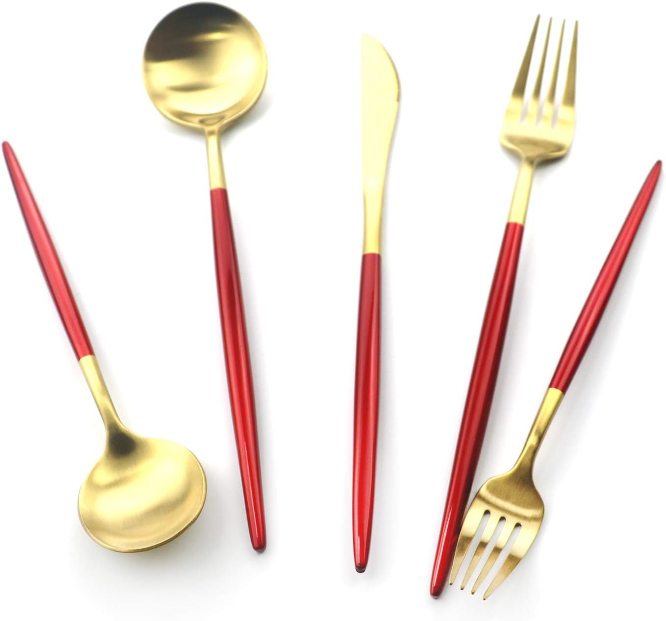 Gugrida 5 Pieces Matte Gold Red Handle 18/10 Stainless Steel Silverware Set, Flatware Set Cutlery Set, Utensils Set for Home Restaurant, Dishwasher Safe (Red Gold)