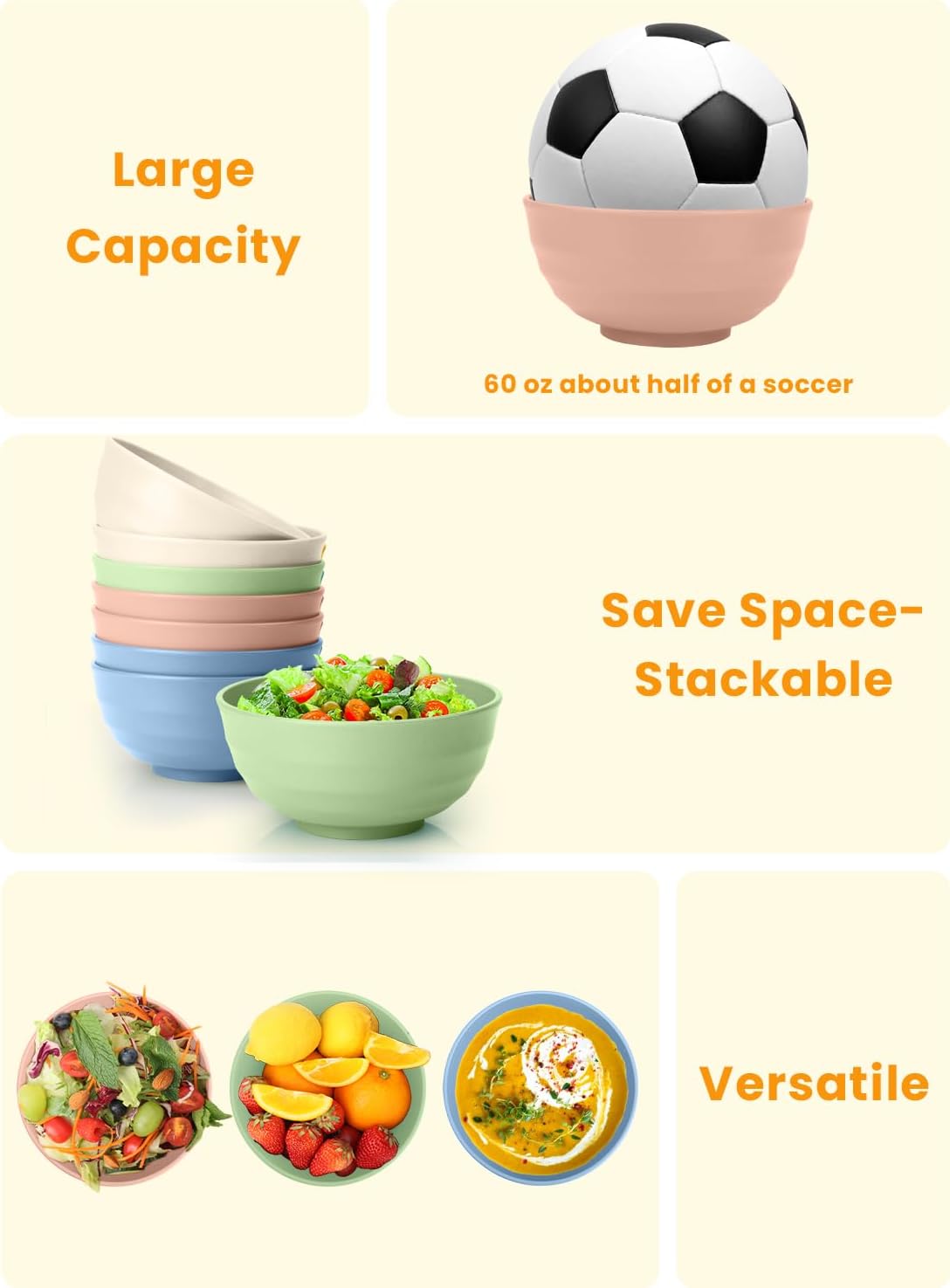 60 OZ Big Salad Bowls,Large Soup Bowl Set of 8,Wheat Straw Bowls,Serving Bowl for Wedding Parties,Microwave and Dishwasher Safe Bowls for Salad,Soup,Serving,Oatmeal Big Bowls for Kitchen - Light Color