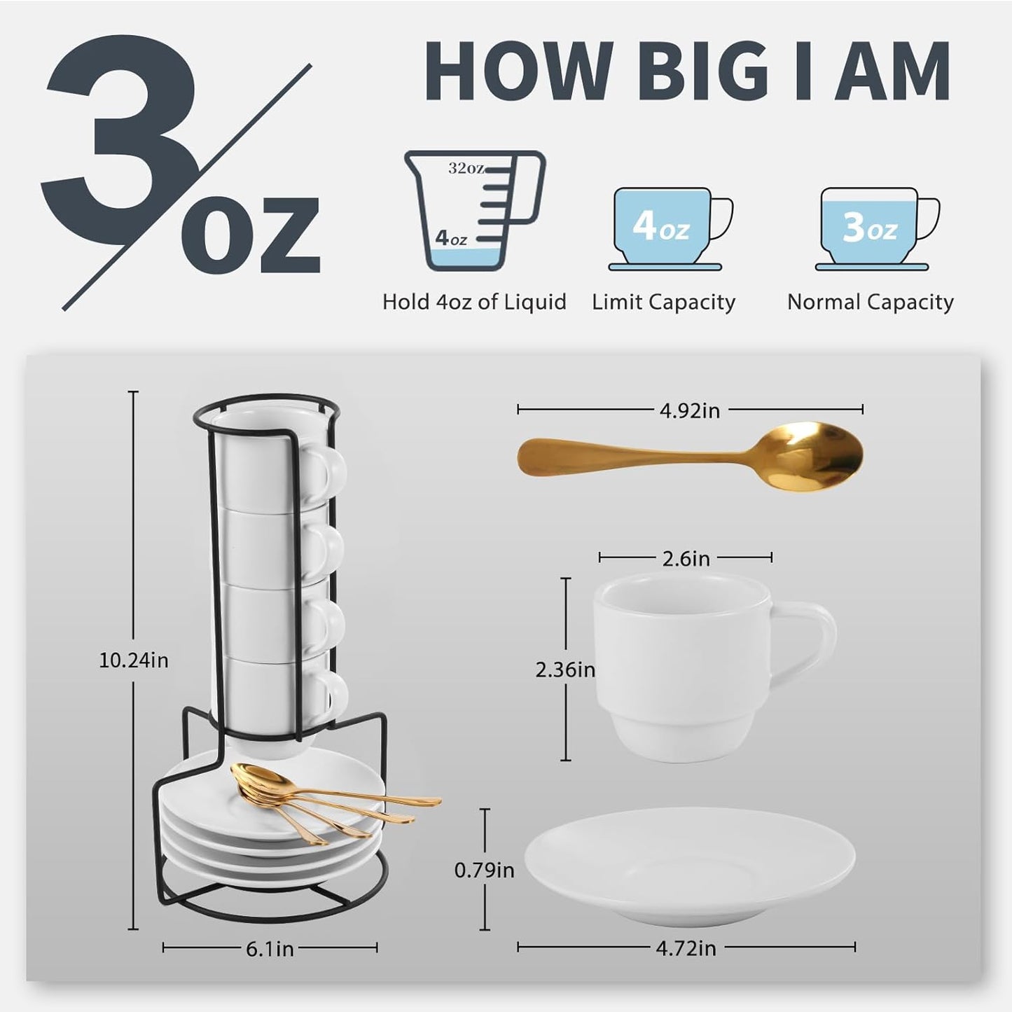 Lareina 3-Ounce Espresso Cups with Saucers, Spoons and Metal Stand, Small Stackable Coffee Cups Set of 4, Ceramic Demitasse Mugs, White